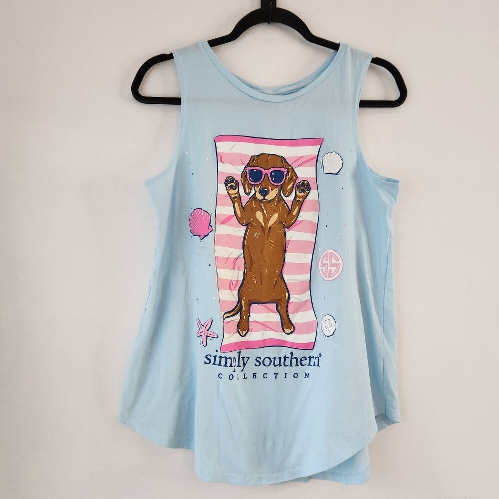 Simply Southern Blue Tank Top Tee T-Shirt Beachy Dog Nautical Women's L